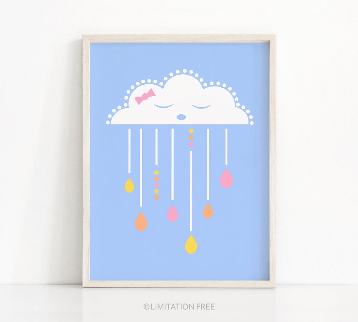 Sleeping Cloud With Pink Bow Baby Girl Nursery Wall Poster Blue Decor