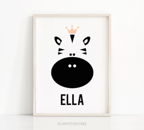 Ella Name Zebra Crown Monochrome Baby Girl Nursery Wall Print