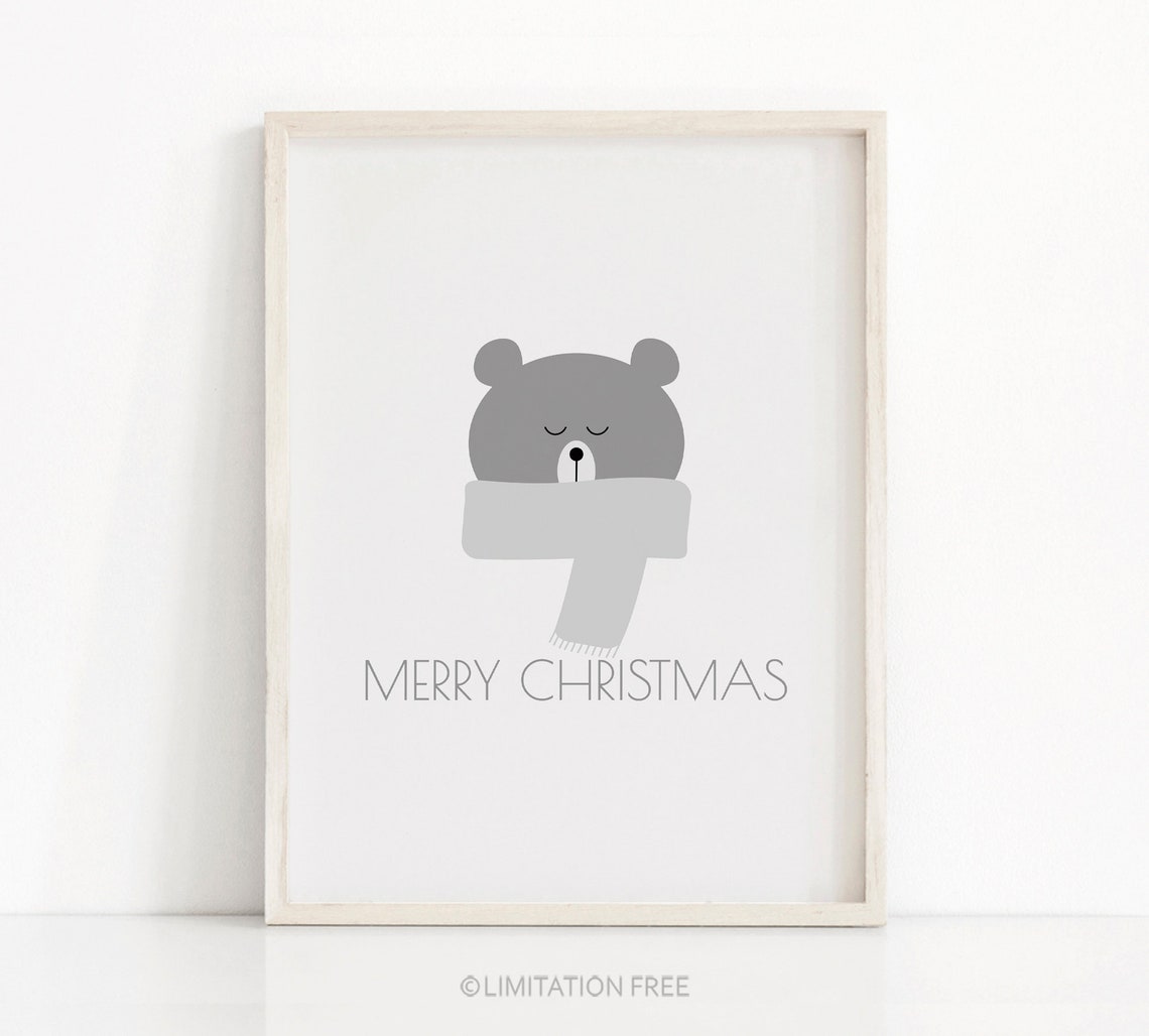 Sleepy Gray Bear With Scarf Merry Christmas Minimalist Kids Print - Image 5