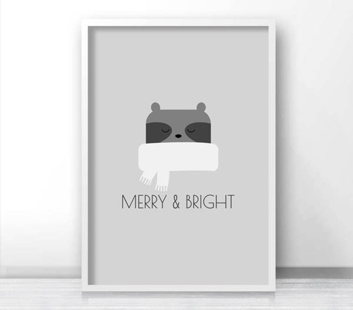 Cute Raccoon In White Scarf Merry And Bright Gray Nursery Wall Print - Image 2