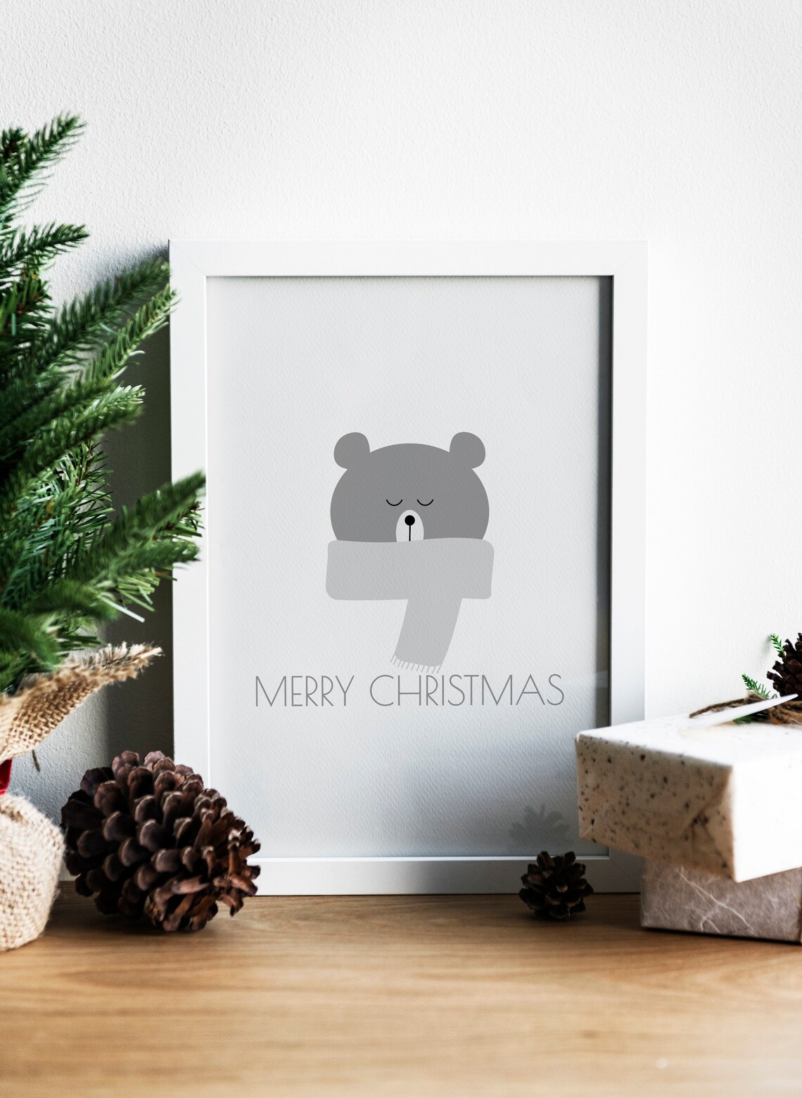 Sleepy Gray Bear With Scarf Merry Christmas Minimalist Kids Print - Image 3