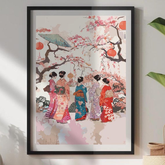 Elegant Japanese Women In Kimonos Cherry Blossom Serenity Poster