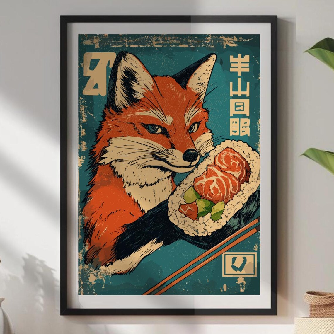 Vintage Red Fox Eating Sushi Poster Funny Wall Art Kitchen Decor Japanese Inspired Print Unique Lover Gift