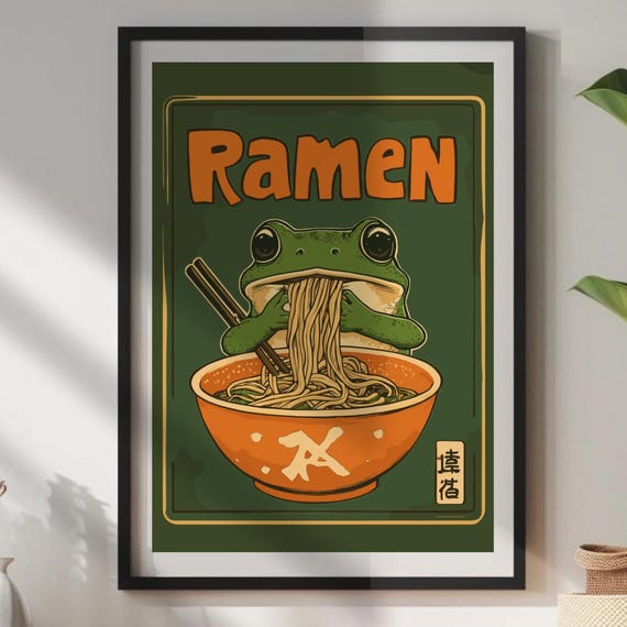 Kawaii Frog Ramen Poster Cute Eating Wall Art Whimsical Animal Illustration Japanese Food Lover Decor Playful Kitchen Print