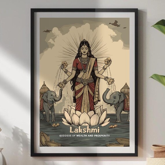 Lakshmi Print Hindu Goddess Of Wealth And Prosperity Poster Ancient Artwork Mythology Wall Art Spiritual Decor For Home