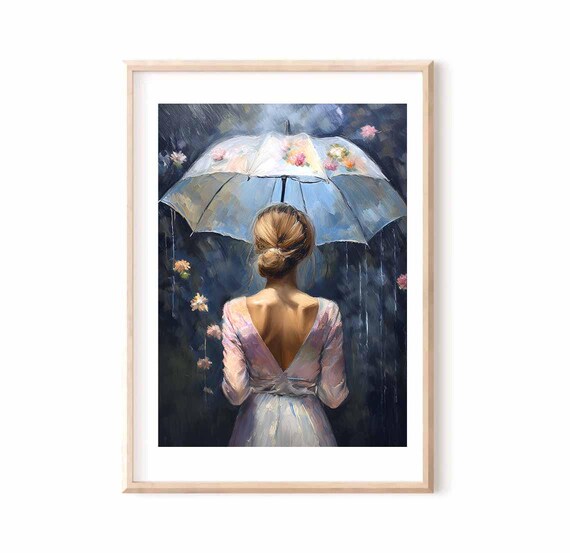 Woman With Flower Umbrella In The Rain Seen From Behind Poster