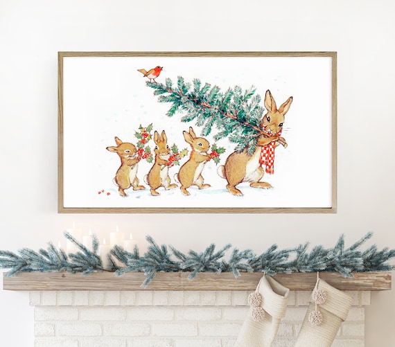 Bunny Family Carrying Christmas Tree Vintage Nursery Holiday Art Poster