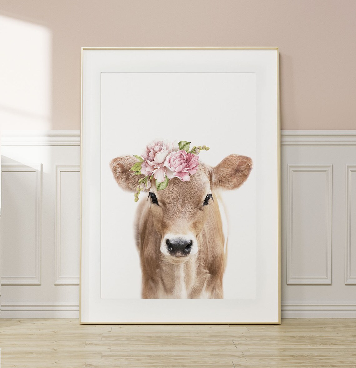 Baby Cow Floral Crown Art Print, Farmhouse Nursery Decor