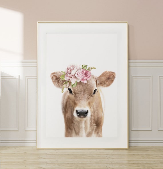 Baby Cow Floral Crown Art Print, Farmhouse Nursery Decor