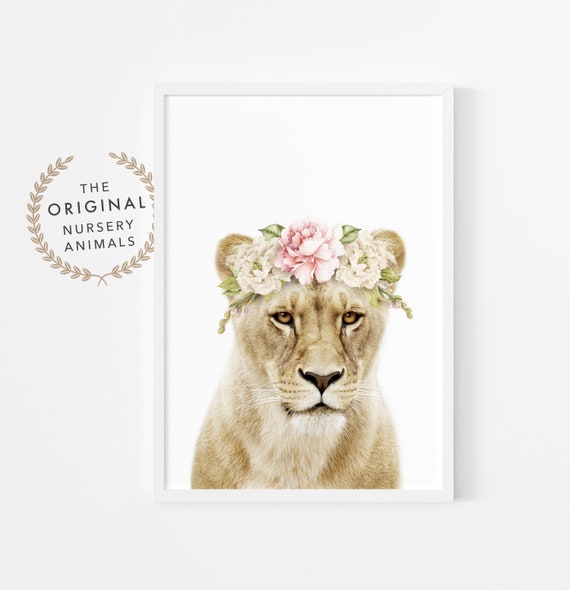 Lioness Flower Crown Art Print Safari Nursery Decor