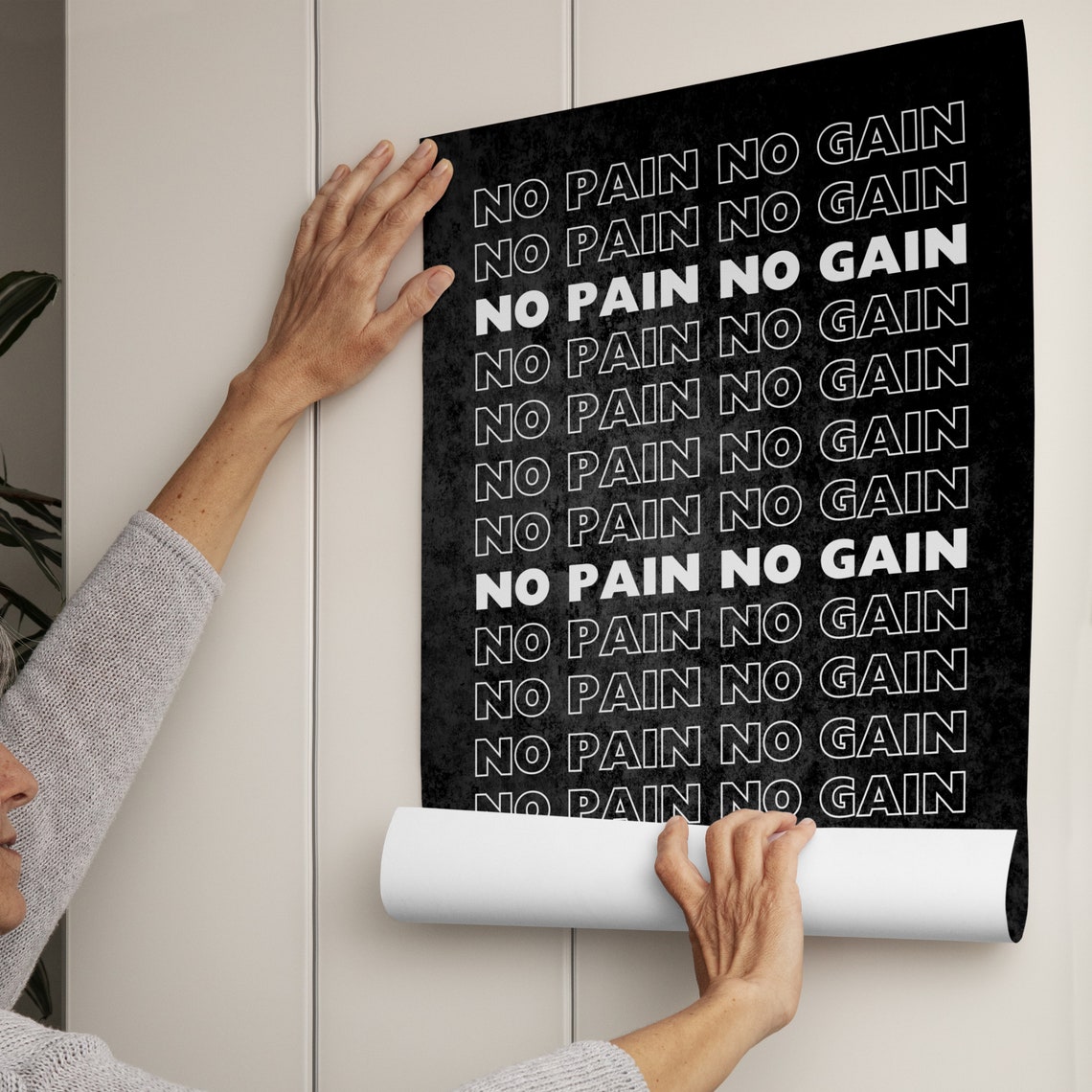 No Pain No Gain Repeated Text Black Gym Motivation Quote Poster - Image 3