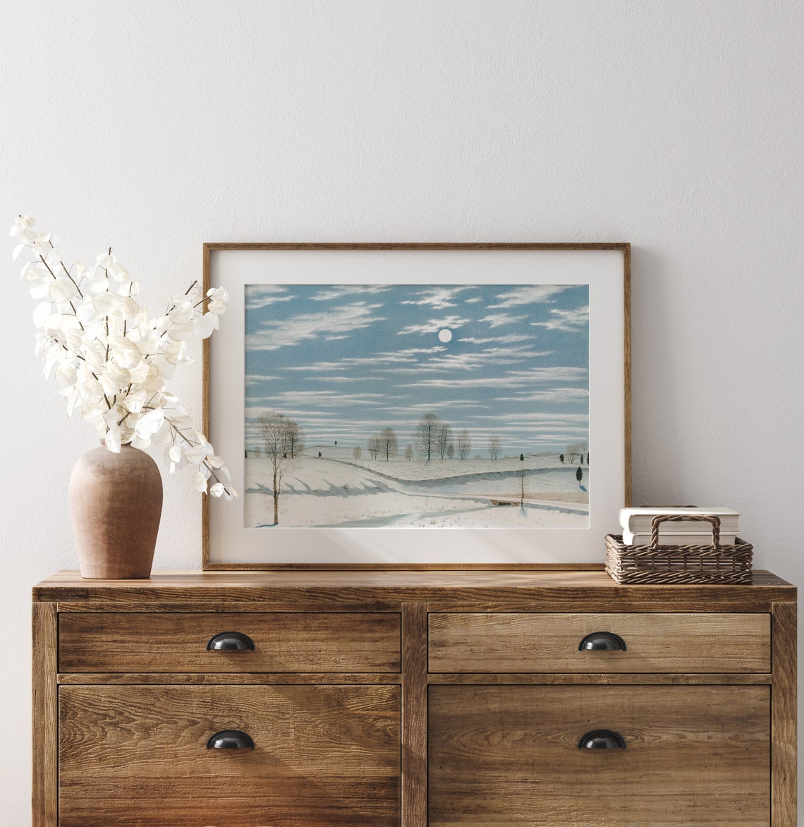 Blue Winter Moon Sky Snowy Hills Bare Trees Vintage Landscape Poster - Image 3