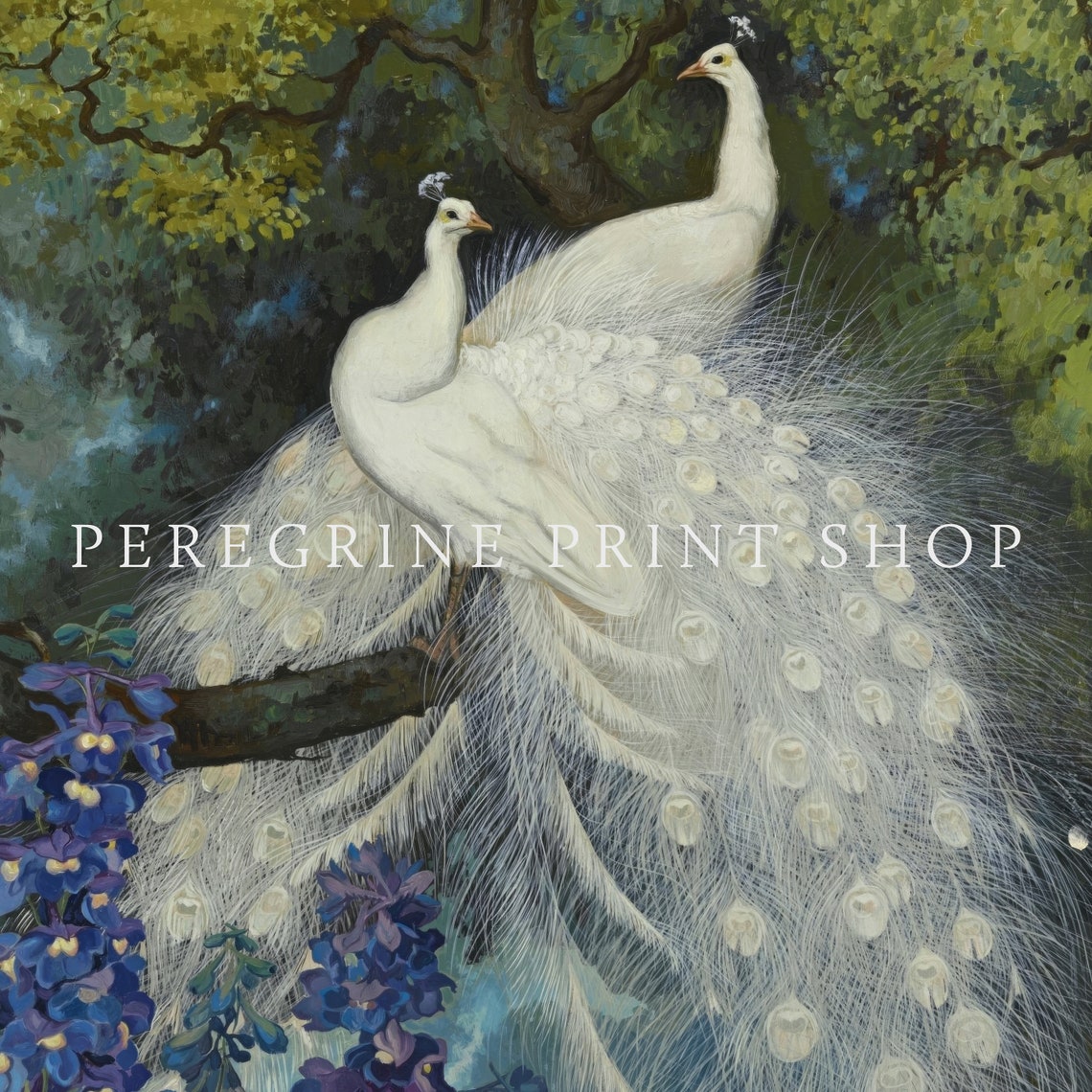 Two White Peacocks With Blue Delphiniums Vintage Exotic Bird Art Print - Image 2