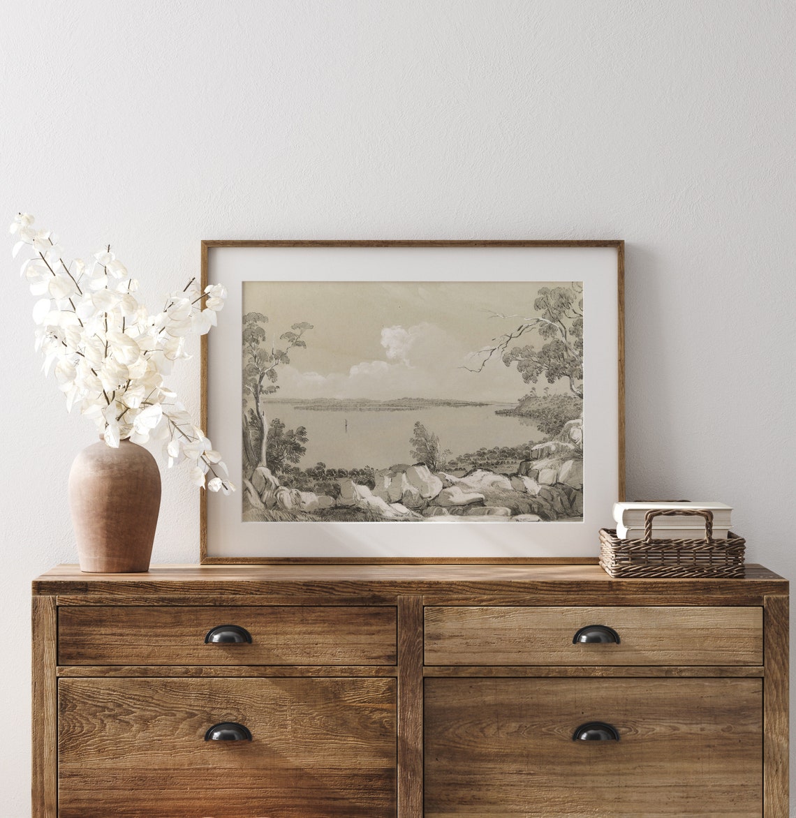 Tranquil Coastal Cove Sepia Sketch Rocky Shore Vintage Art Print - Image 3