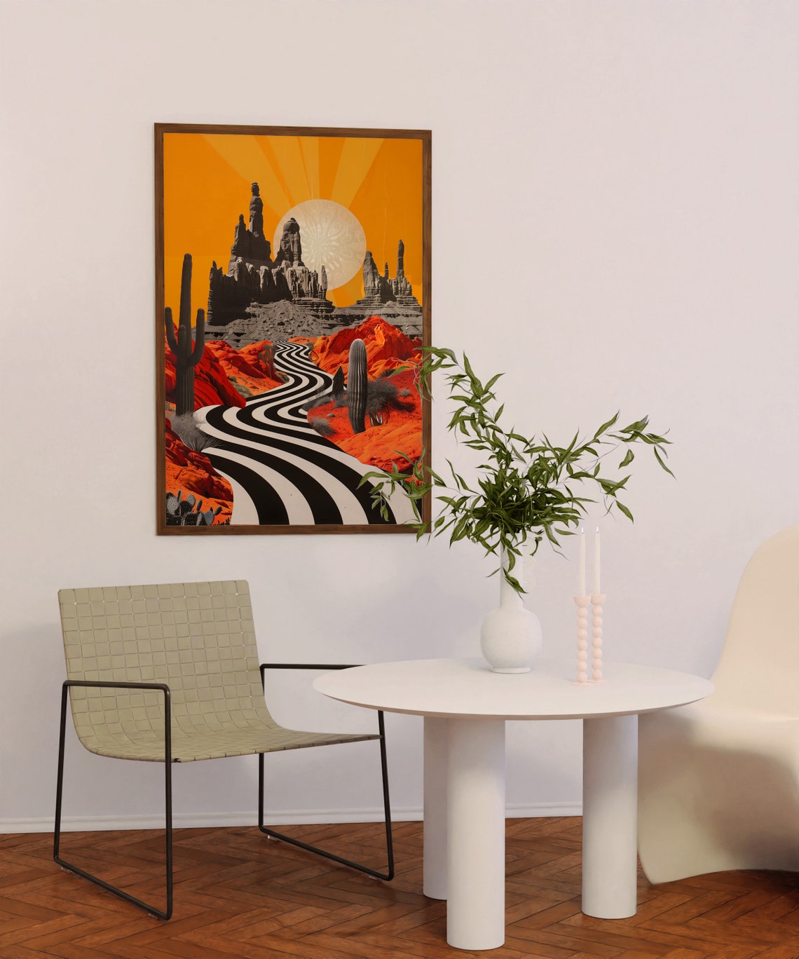 Surreal Black and White Striped Desert Road with Cacti Poster - Image 6