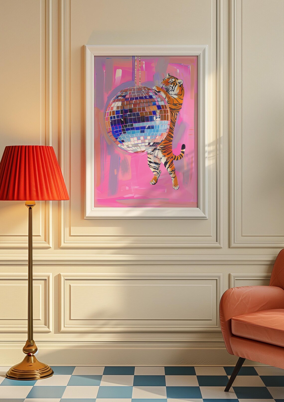 Tiger Standing Beside Hanging Disco Ball Pink Maximalist Animal Poster - Image 6