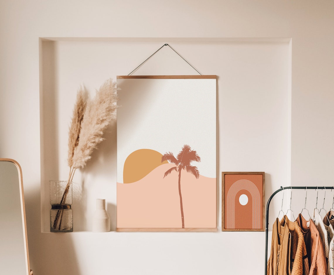 Minimalist Beach Palm Tree Terracotta Sun Desert Scene Art Poster