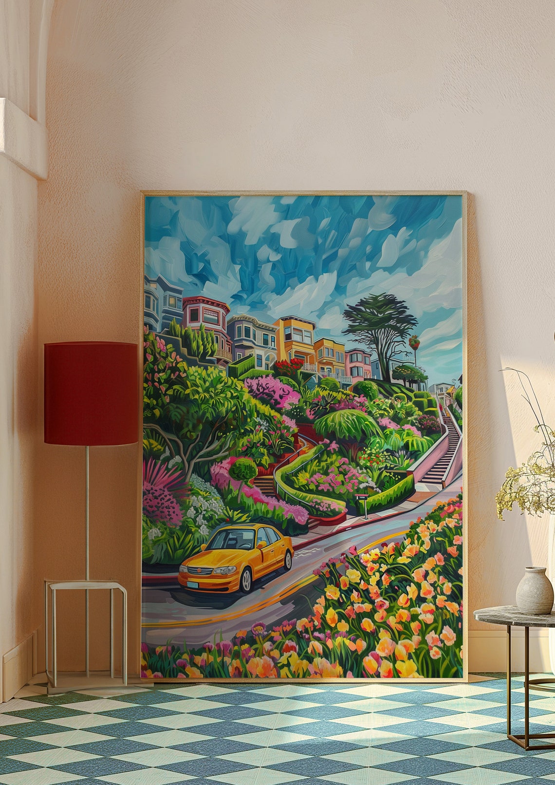 Colorful Winding Hillside City Street with a Yellow Taxi Poster - Image 2