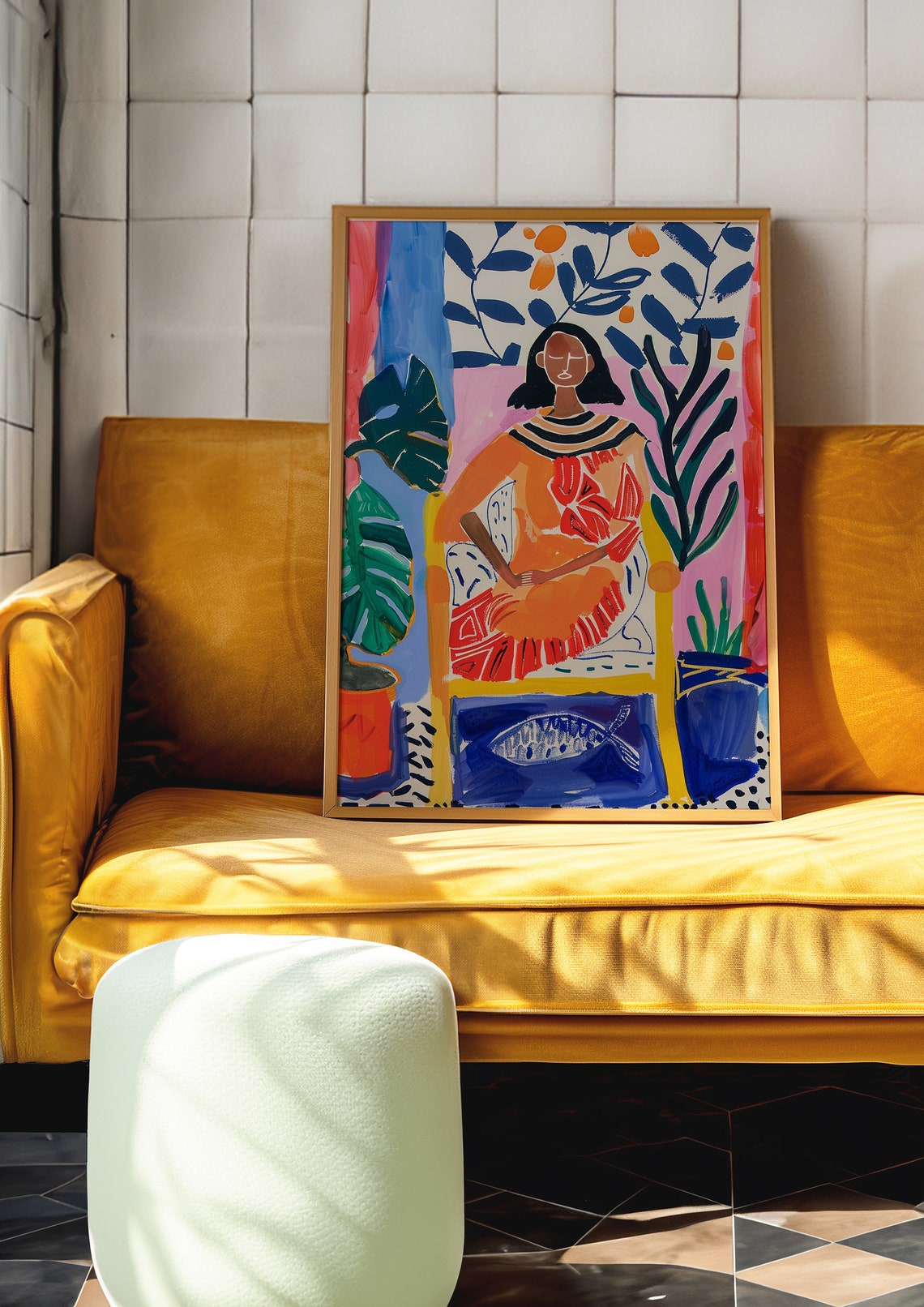 Seated Woman in a Vivid Orange Dress Among Tropical Plants Poster - Image 4