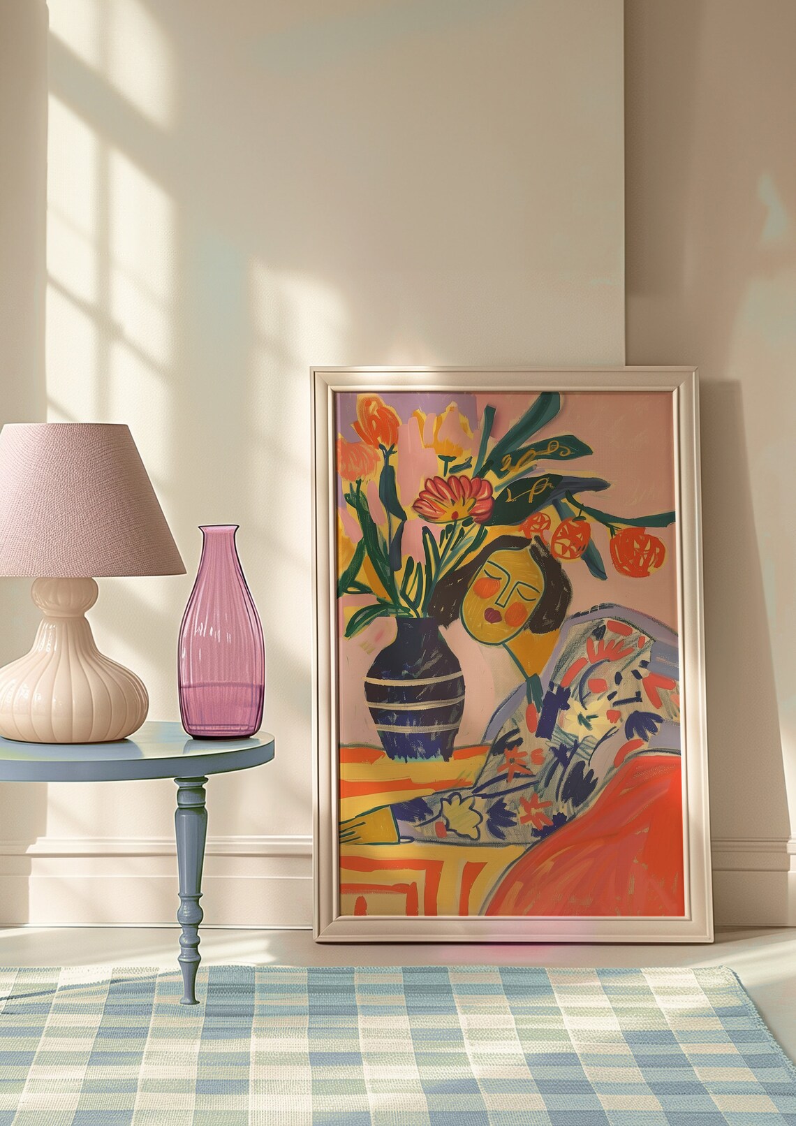 Resting Woman by Blue Vase With Red Orange Flowers Still Life Poster - Image 8