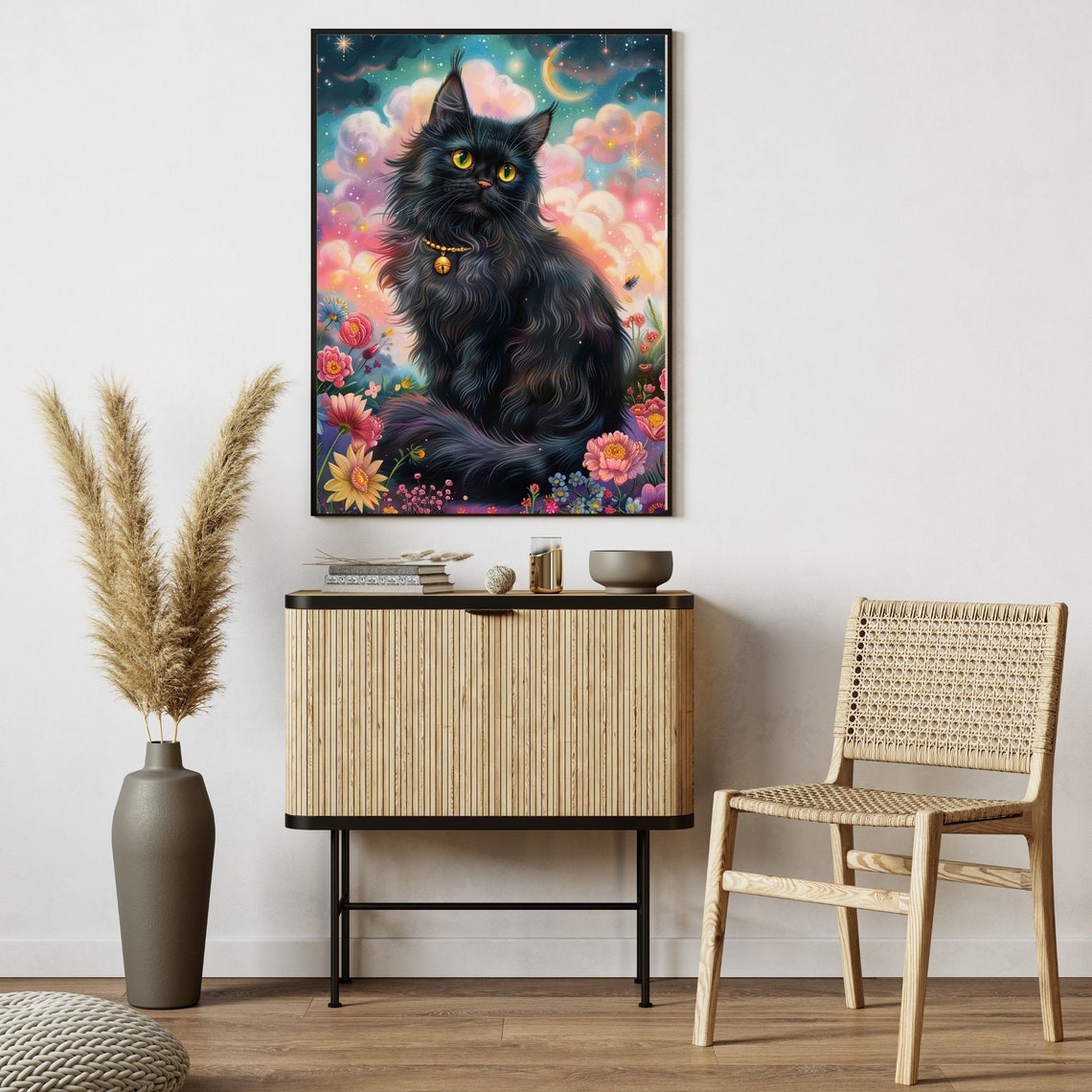 Dreamy Black Cat Fantasy Poster With Flowers Under Cosmic Night Sky - Image 5