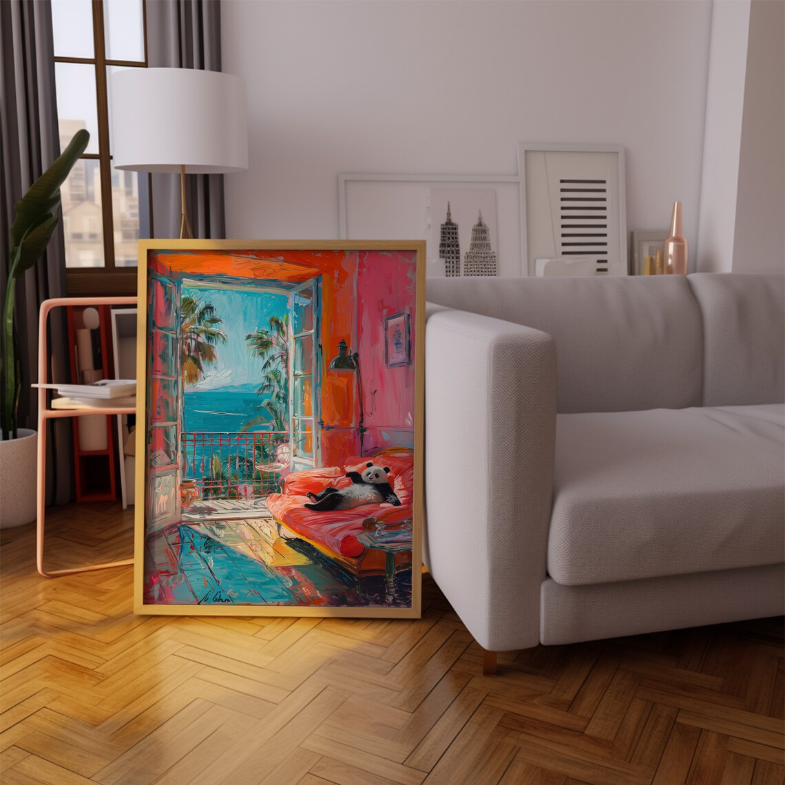 Adorable Lazy Panda Lounging on a Red Sofa by the Sea Art Poster - Image 8