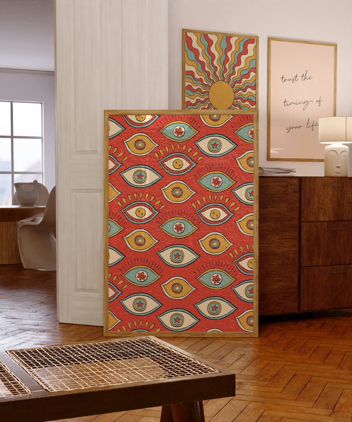 Red Evil Eye Pattern Boho Protective Amulet Retro Folk Art Poster - Image 4