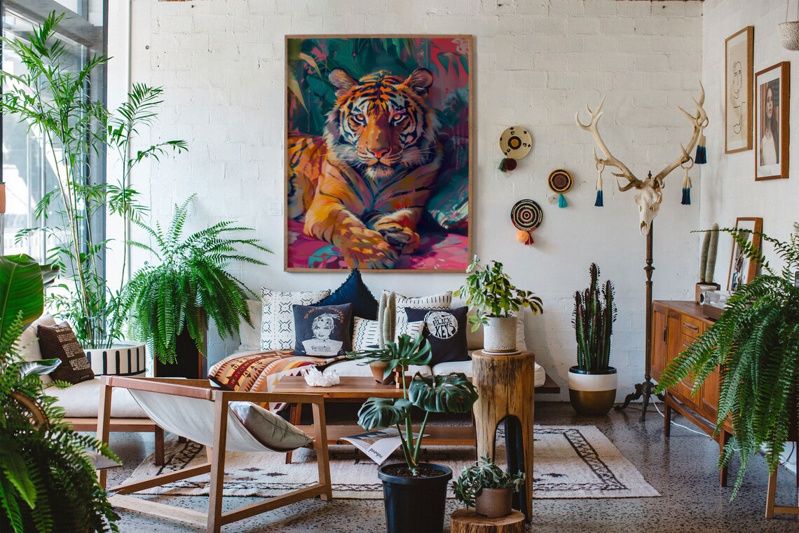 Colorful Tiger Lounging In Jungle Pop Art Poster Teal And Pink - Image 9