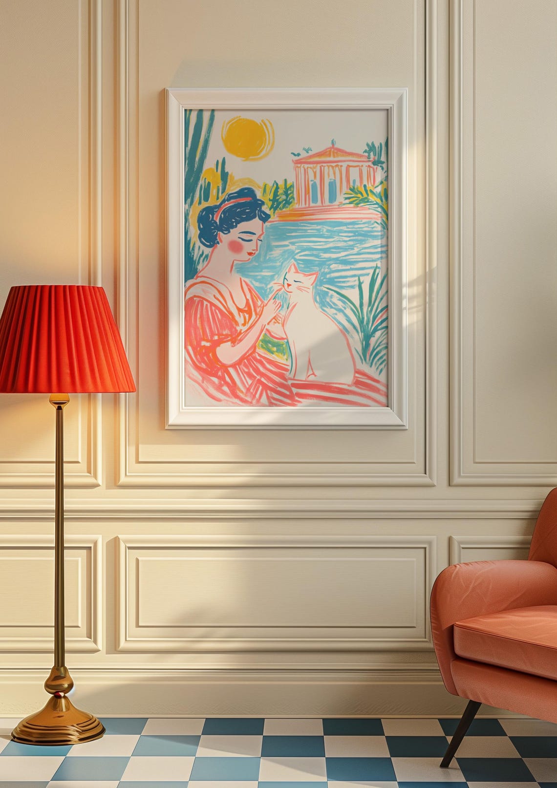 Woman With White Cat by Mediterranean Temple Sunny Illustration Poster - Image 6