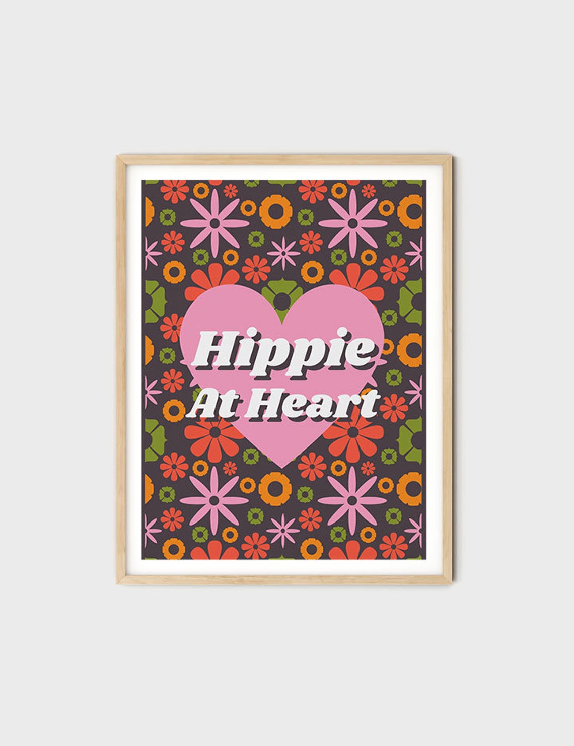 Hippie At Heart Pink Heart Floral Pattern Bold Retro Art Poster - Image 4