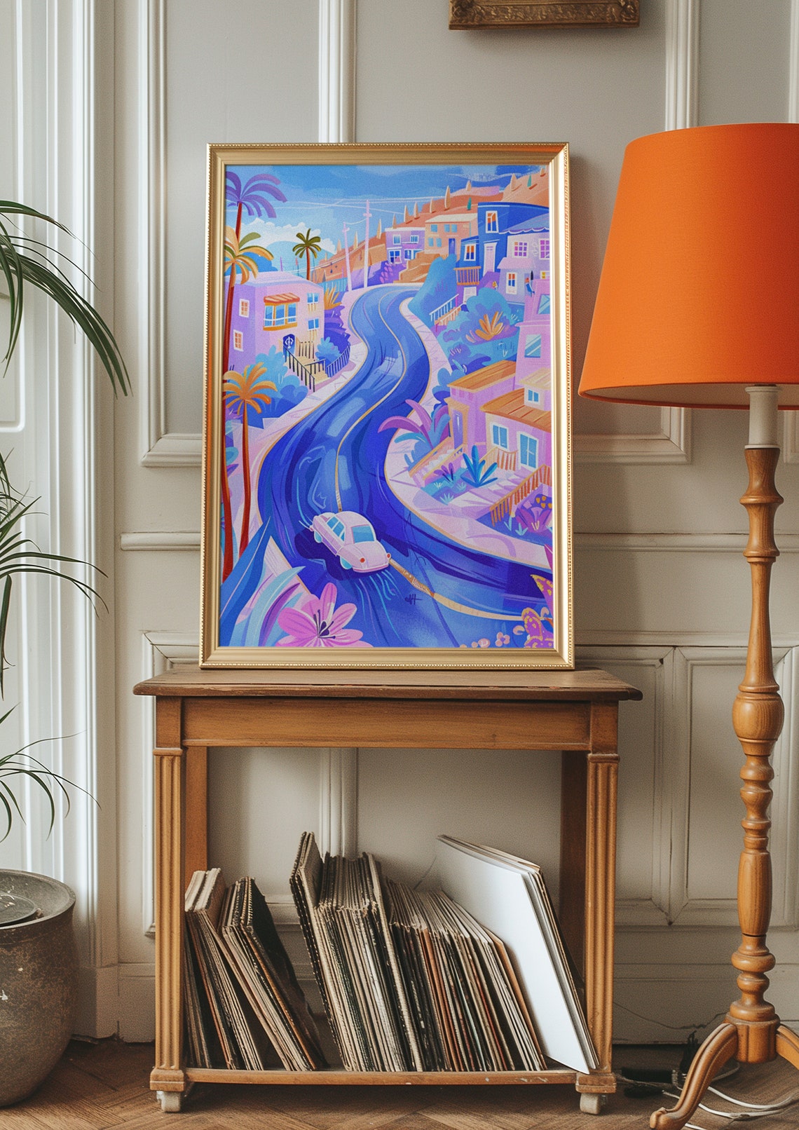 Winding Blue Coastal Road Pink Classic Car Hillside Travel Poster - Image 3