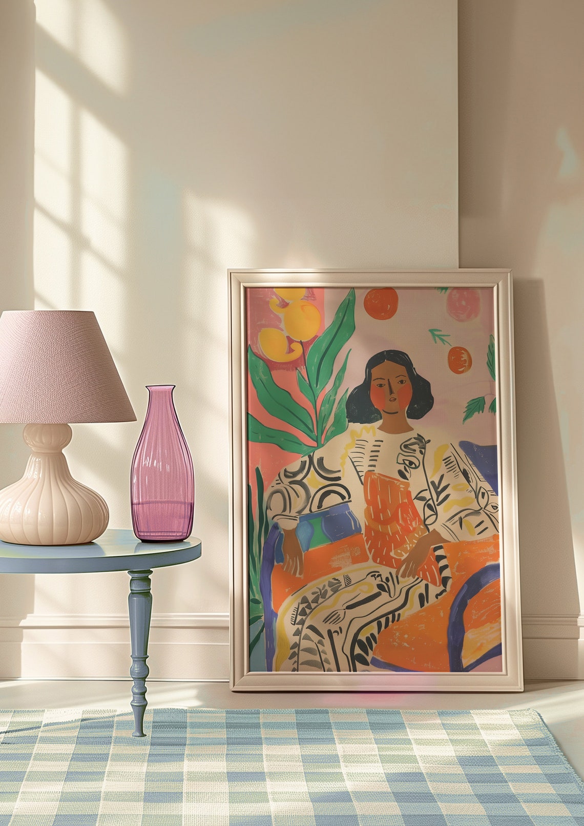 Serene Woman in Patterned Robe Beneath Citrus Fruit Trees Poster - Image 9