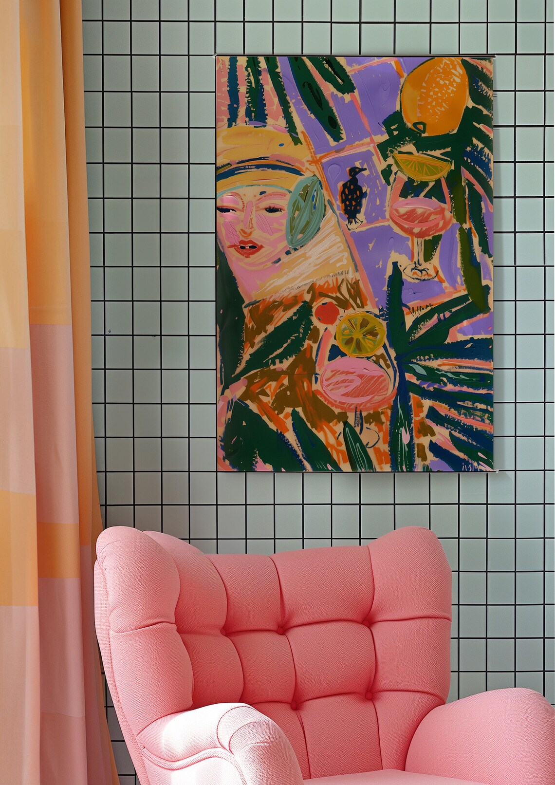 Woman Portrait With Cocktail Glasses Citrus Leaves Abstract Art Print - Image 6