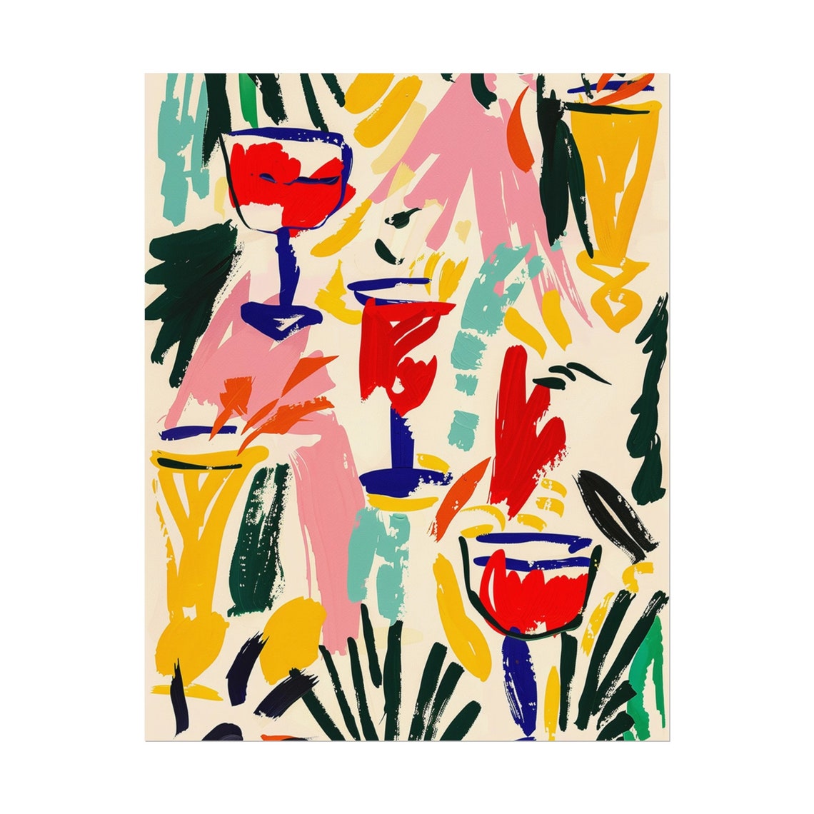 Abstract Cocktail Glasses Brushstroke Art Red Blue Yellow Bar Poster - Image 3