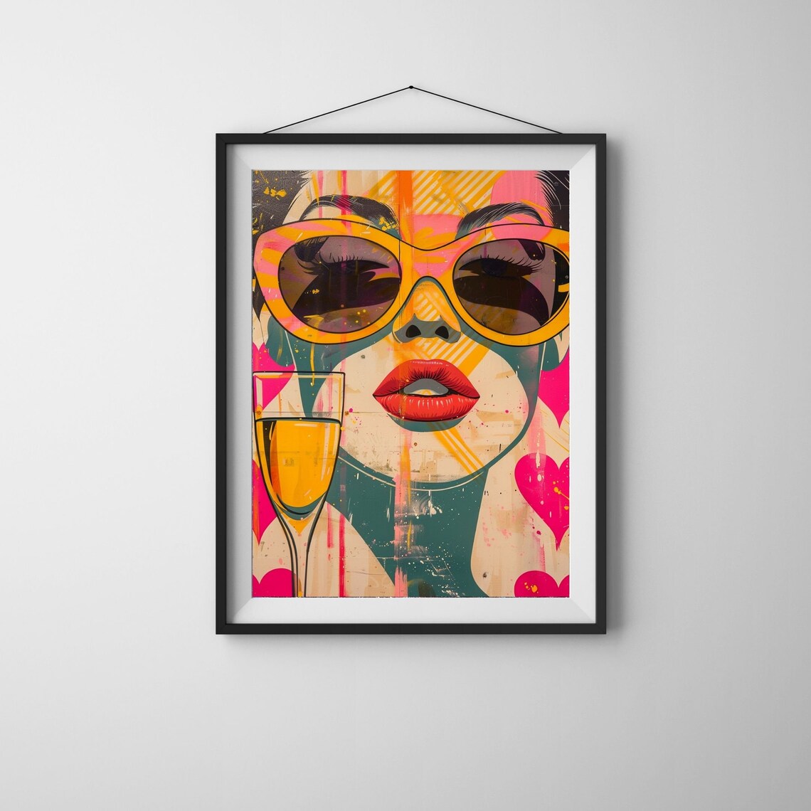 Pop Art Woman With Sunglasses And Cocktail Poster In Pink Hearts - Image 4
