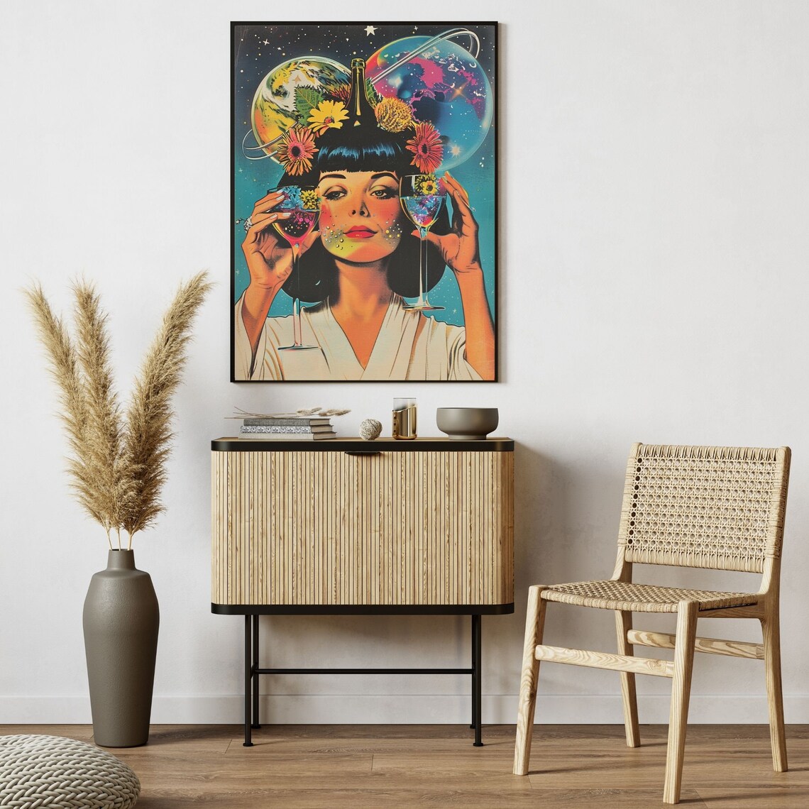 Retro Wine Woman Poster With Two Glasses Flowers And Planets - Image 7