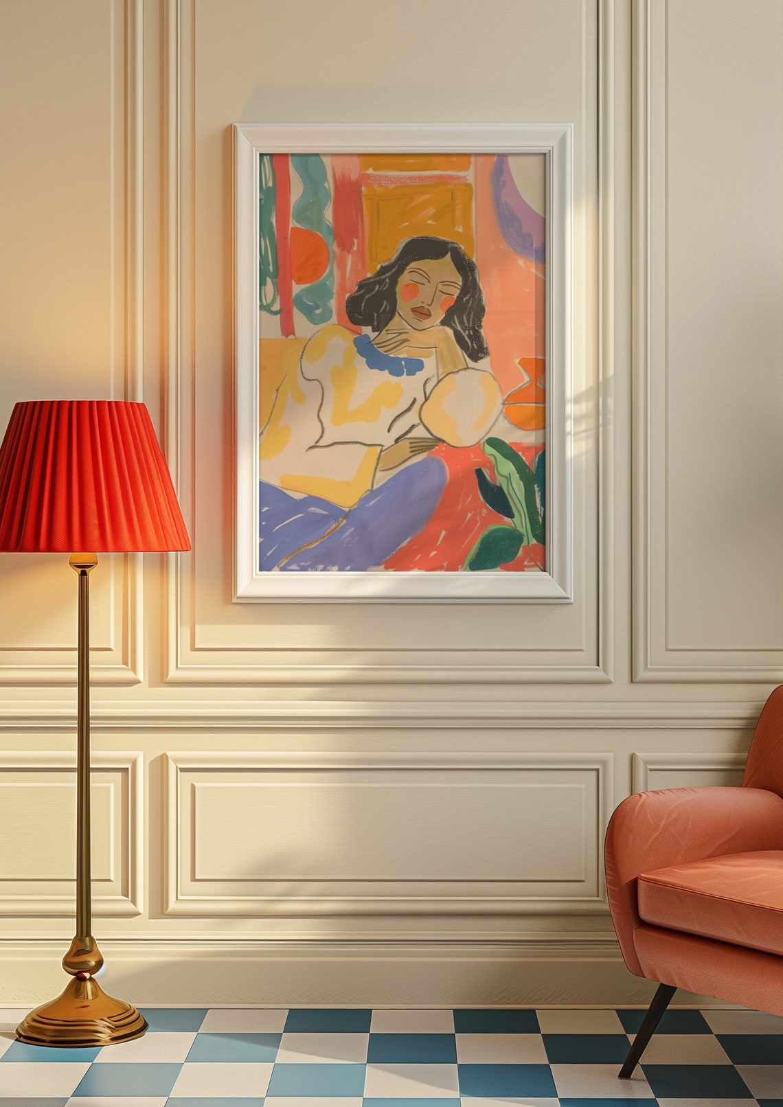 Serene Dreamy Seated Woman Surrounded by Bright Colors Poster - Image 8