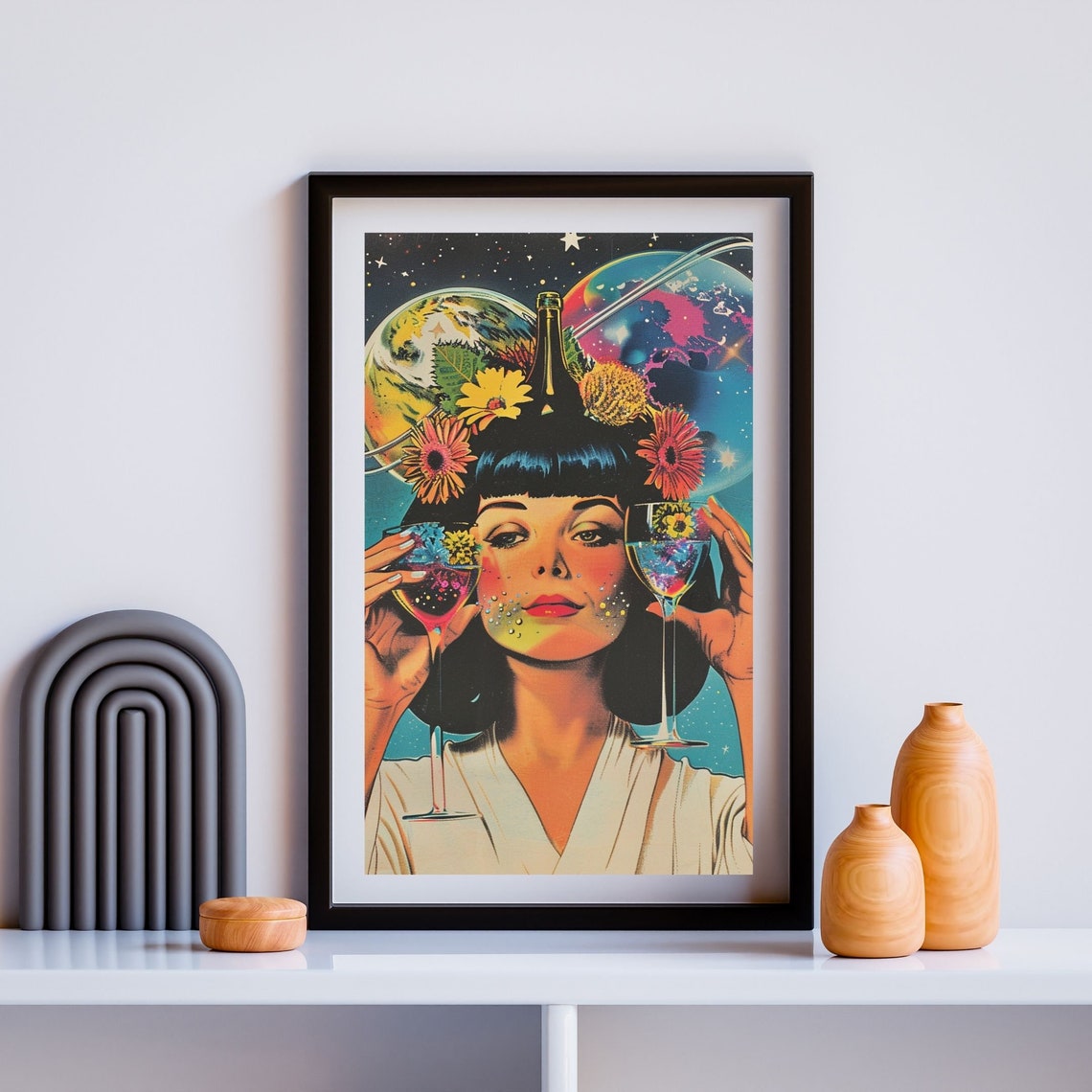 Cosmic Wine Woman Retro Futurism Planets Teal Surreal Bar Poster - Image 4