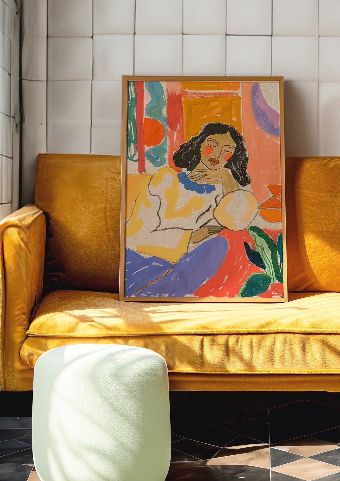 Serene Dreamy Seated Woman Surrounded by Bright Colors Poster - Image 4