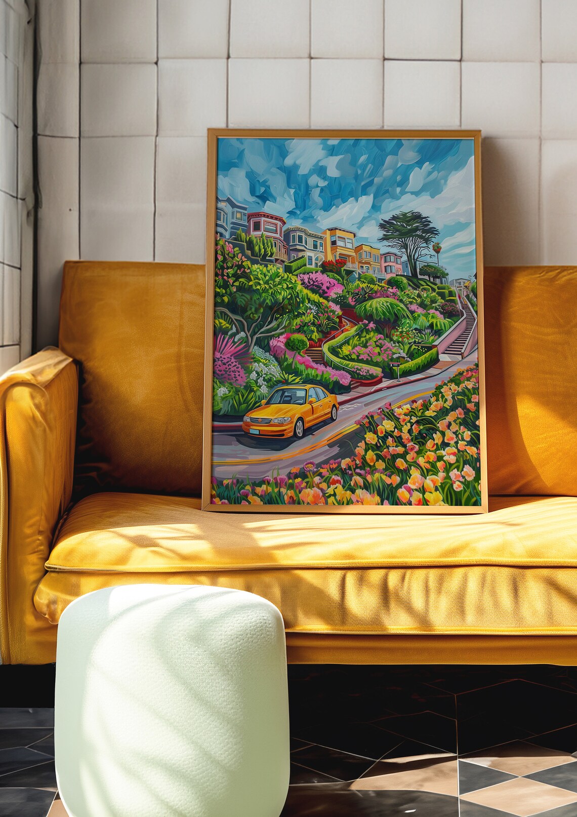 Colorful Winding Hillside City Street with a Yellow Taxi Poster - Image 7