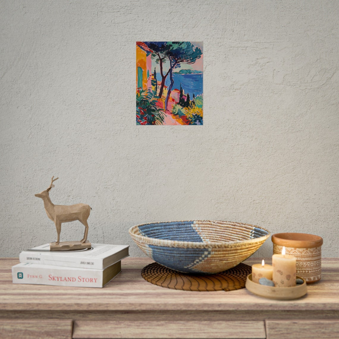Colorful Coastal Town with Tall Pine Trees by the Blue Sea Poster - Image 3