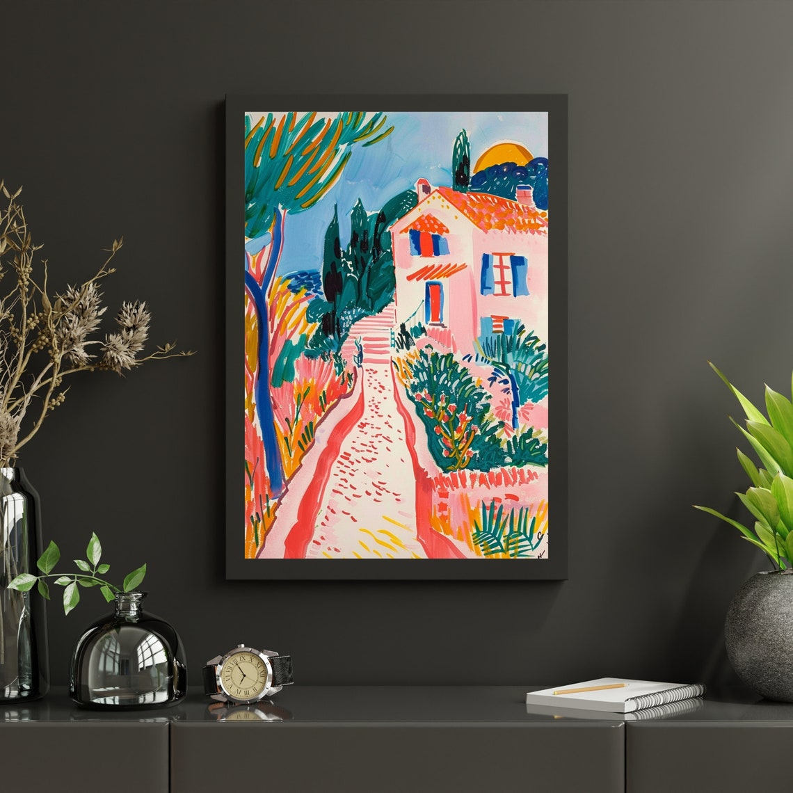 Charming Pink House Path with Cypress Trees at Sunset Art Poster - Image 3