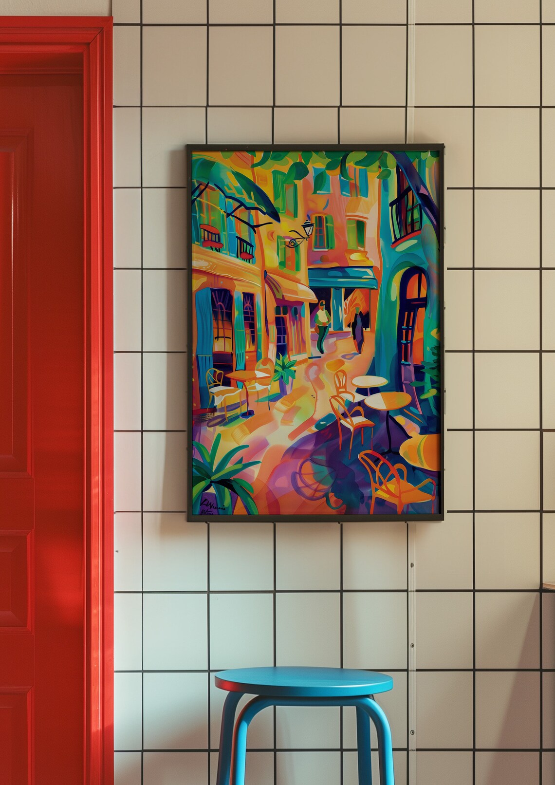 Sunny European Cafe Street Outdoor Seating Colorful Travel Poster - Image 4
