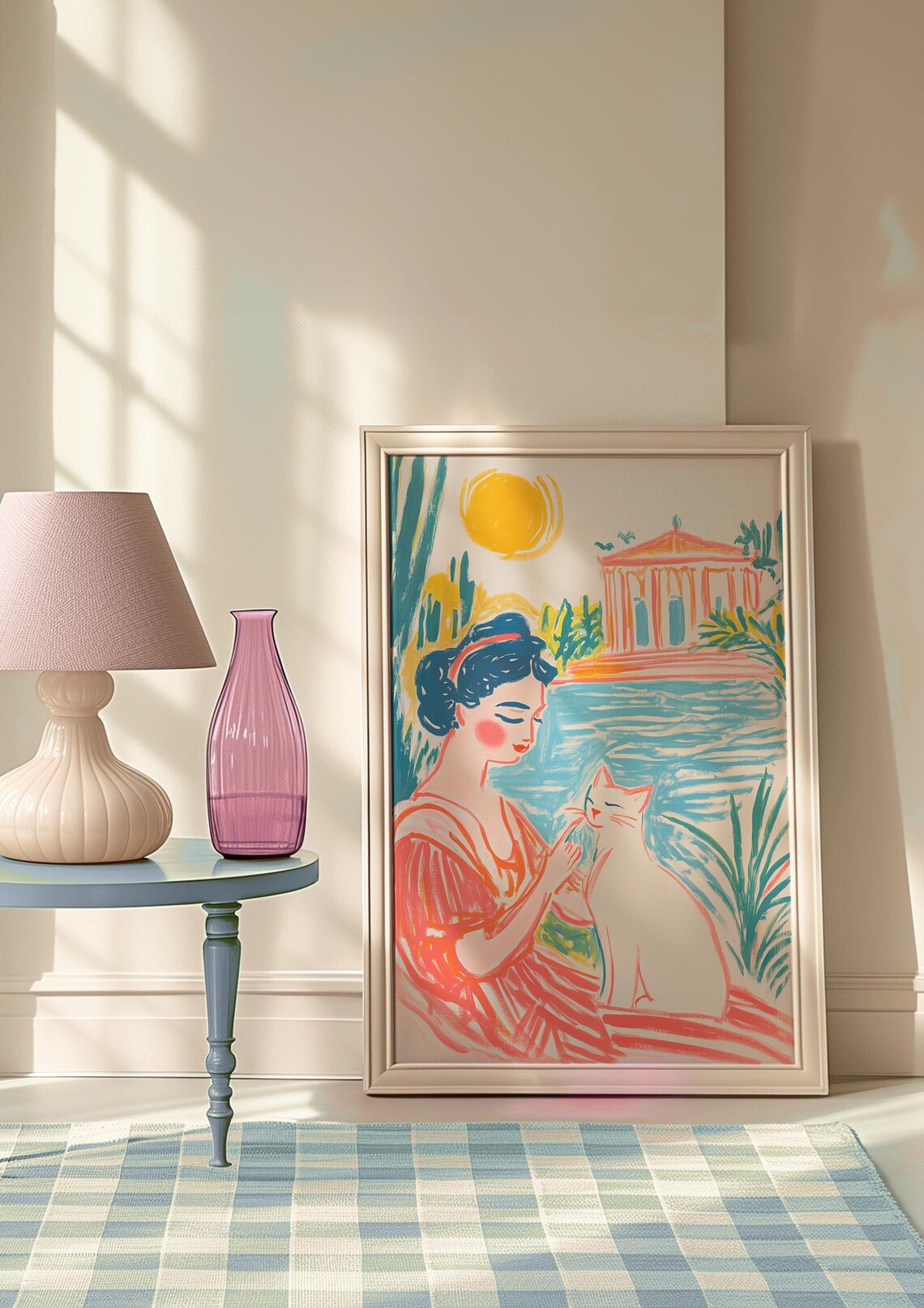 Woman With White Cat by Mediterranean Temple Sunny Illustration Poster - Image 7