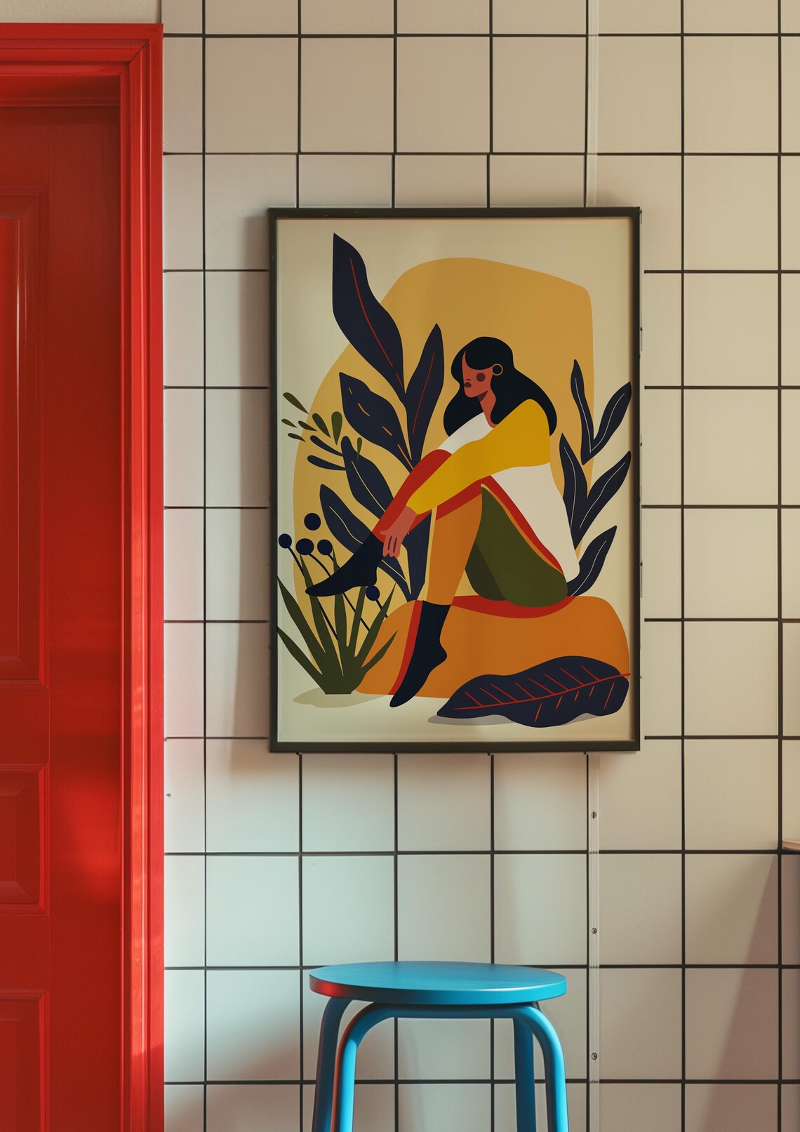 Seated Woman Among Bold Botanical Leaves Boho Nature Illustration Poster - Image 2
