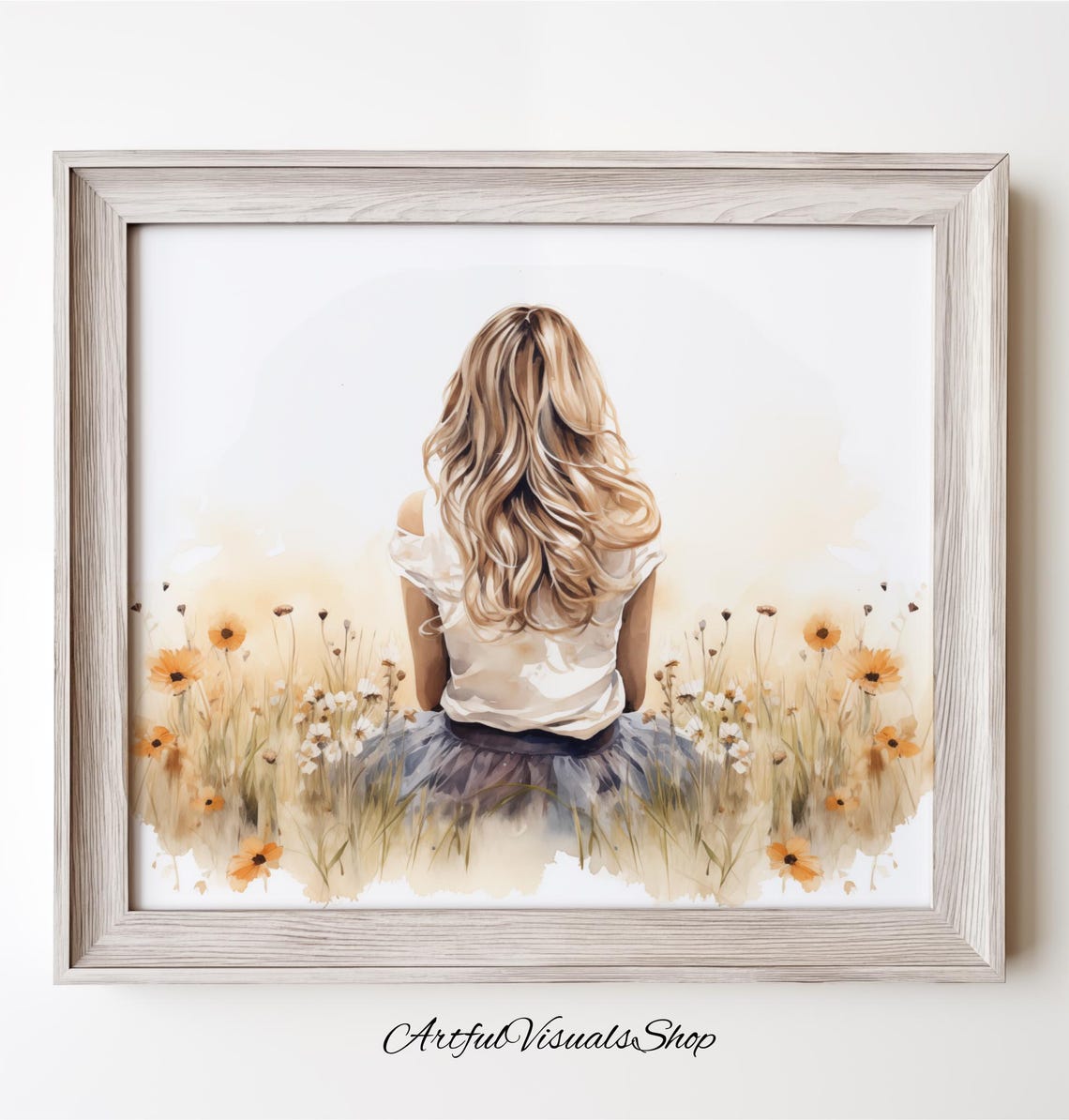 Watercolor Girl Wildflower Field Back View Pastel Boho Style Poster