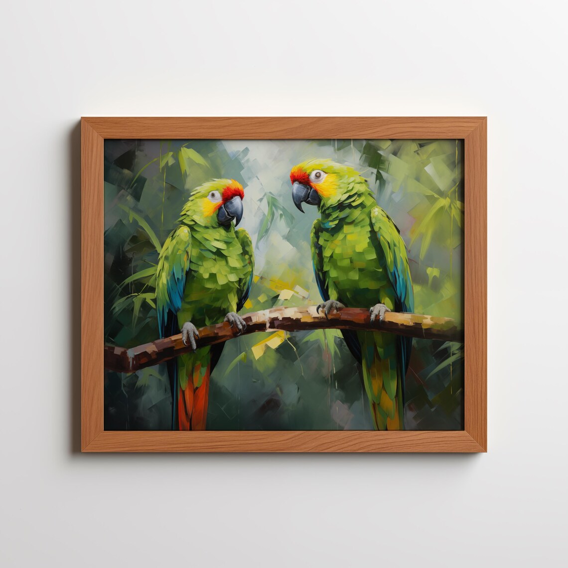 Green Parrots Pair Tropical Jungle Painting Exotic Bird Art Poster