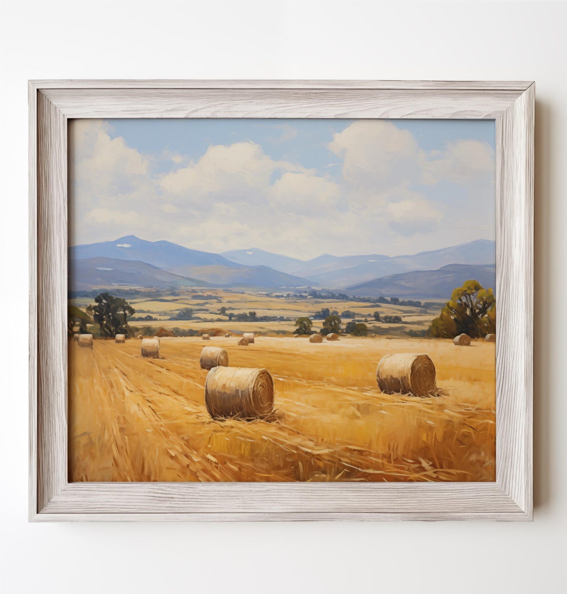 Golden Hay Bale Field With Mountain View Rustic Farm Art Poster