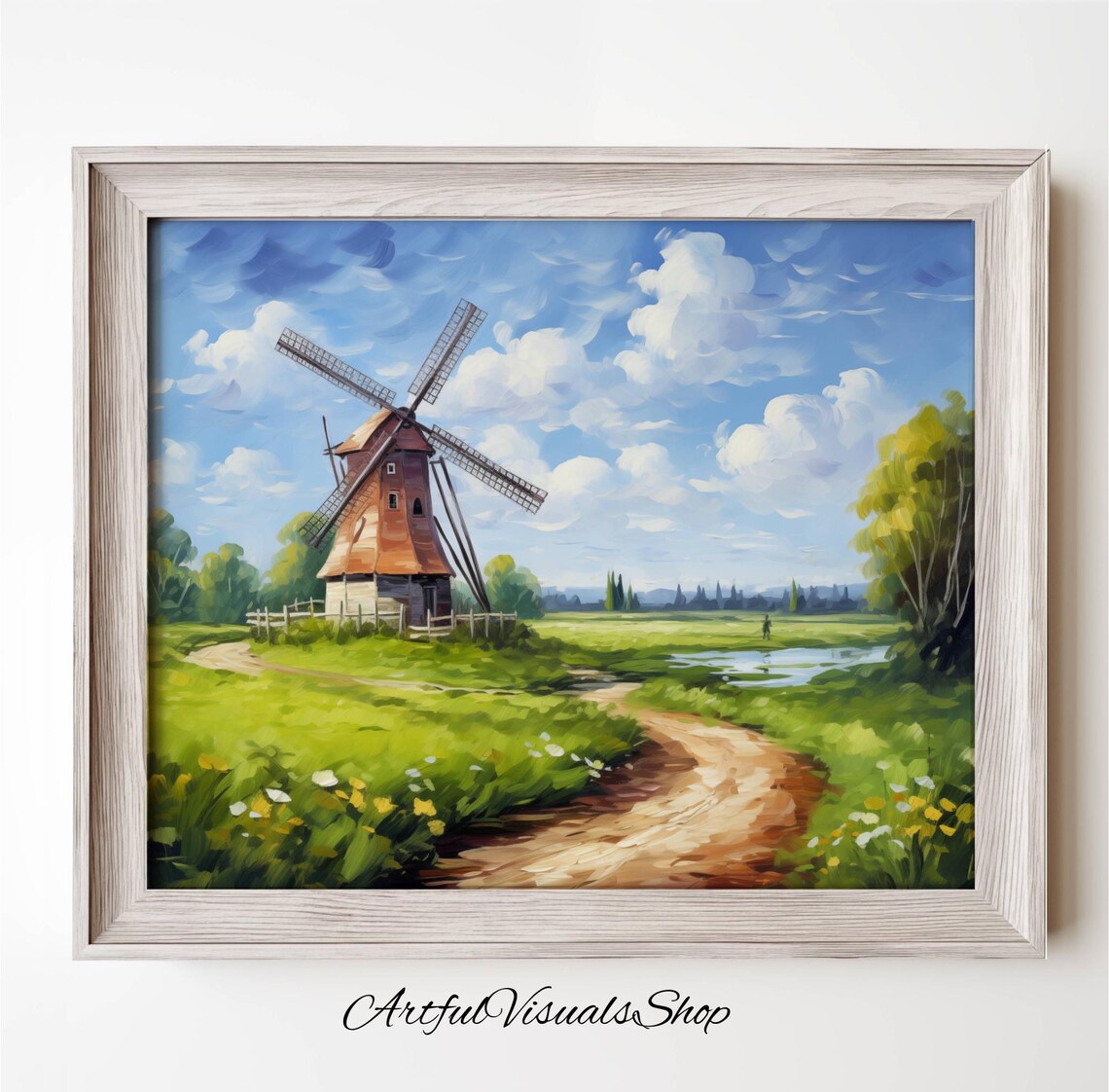 Windmill In Green Countryside Summer Landscape Painting Poster