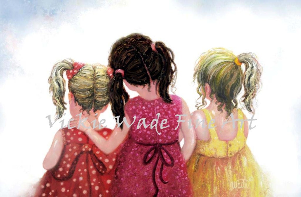 Three Sisters With Ponytails In Colorful Polka Dot Dresses Poster